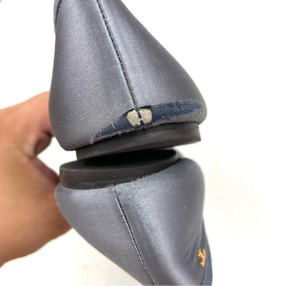 Tory Burch Slate Gray Satin Pom-Pom Loafers